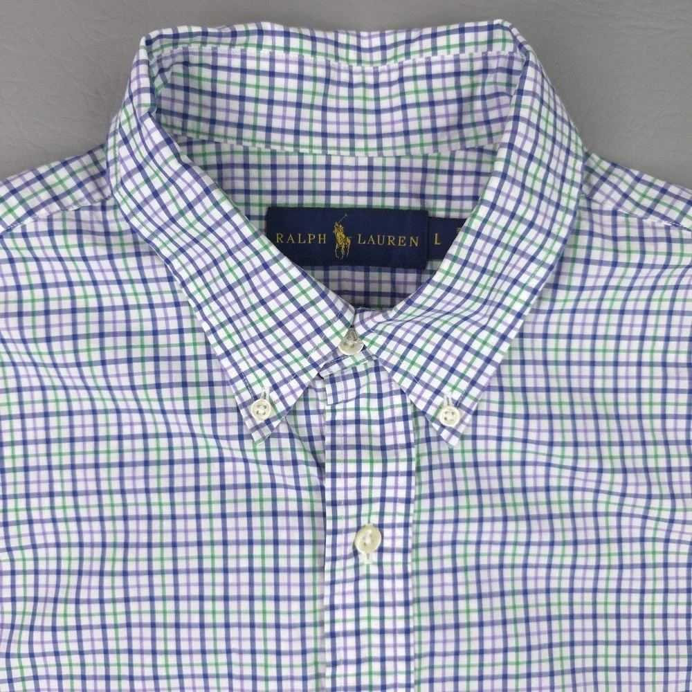 Ralph Lauren Shirt Mens Large Blue Green Check Long Sleeve Button Down Cotton